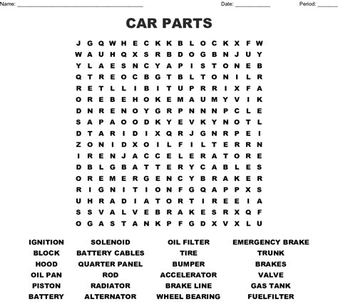 Vehicle Parts And Accessories Crosswords Word Searches Bingo Cards