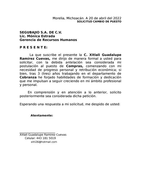 Carta Peticion Cambio De Puesto Morelia Michoacán A 20 De Abril Del