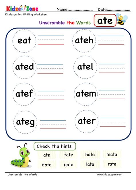 In this early reading worksheet, your child draws circles around the word under each picture and then guesses what the word might mean based on the picture. Kindergarten ate word family Unscramble worksheets