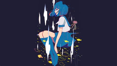 Wallpaper Manga Anime Girls Dark Blue Fish Blue Hair Sailor