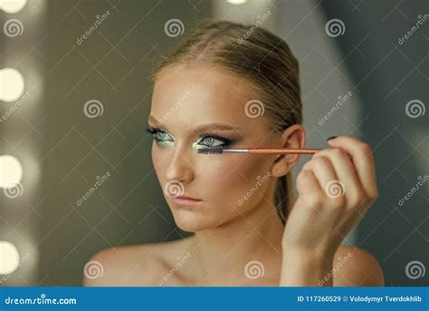 Woman Face Beauty Woman Use Mascara Applicator Brush Makeup Woman
