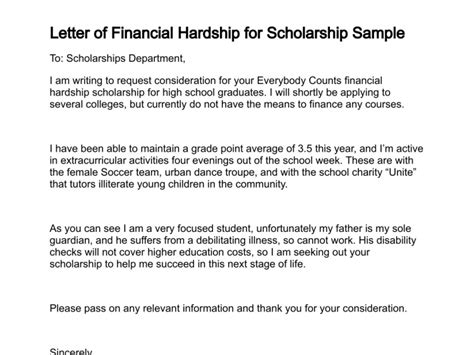 Letter Of Financial Hardship For Scholarship Sample Lettering Good