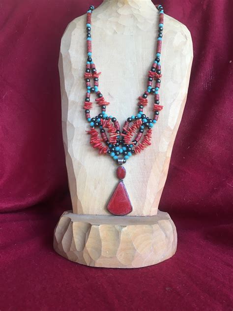 Coral And Turquoise Sterling Pendant Necklace Adjustable Long