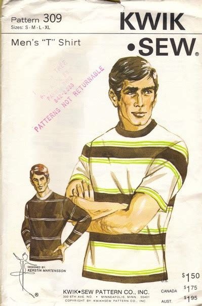 Kwik Sew 309 1970s Mens T Shirt Pattern Mans Vintage Sewing Pattern