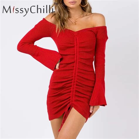 missychilli off shoulder sexy sweater knitted dress women flare sleeve backless mini short dress