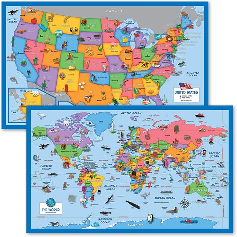 Buy 2 Pack World And Usa Map For Kids Illustrated 2 Poster Set