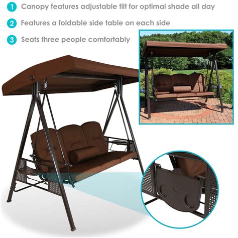 Sunnydaze 3 Person Patio Swing With Adjustable Canopy And Cushions