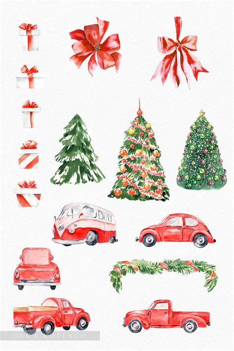 Red Christmas Trucks Watercolor Design Cuts