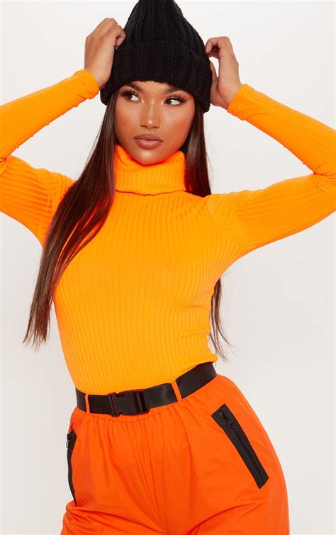 Neon Orange Rib High Neck Top Tops Prettylittlething Ie