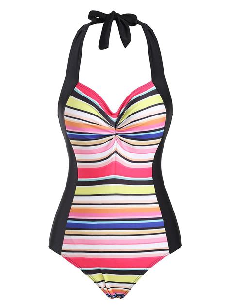Off Ruched Halter Rainbow Backless One Piece Swimsuit Rosegal