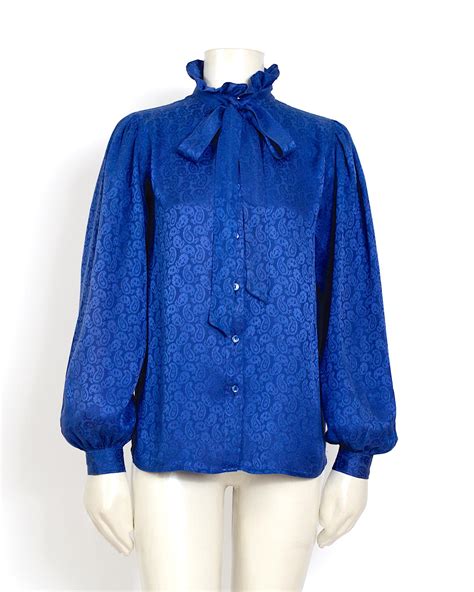 yves saint laurent rive gauche vintage 1970s bleu silk paisley print blouse for sale at