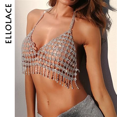 Aliexpress Buy Ellolace Rhinestone Chain Bralette Tassel Halter