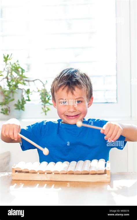 Young Boy Is Playing Xylophone At Home Stock Photo Alamy