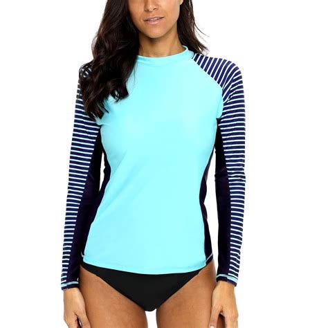 Charmo Women S Long Sleeve Rashguard Upf 50 Sun Protection Swimsuit Top Striped Swim Shirts For