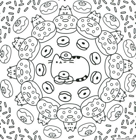Nutty chocolate donut coloring page. Pusheen The Cat Donuts Pattern Coloring Pages Printable