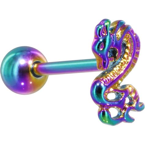 rainbow titanium anodized 3 d dragon barbell tongue ring tongue piercing jewelry tongue rings