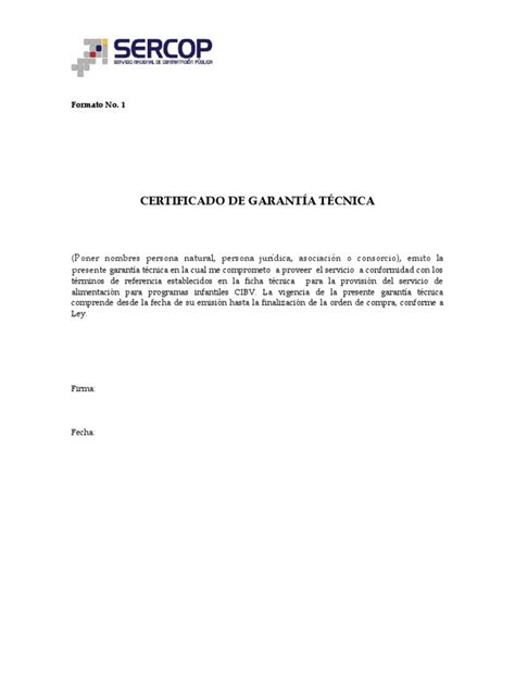 Formato 1 Certificado De Garantía Técnica Cibv Pdf