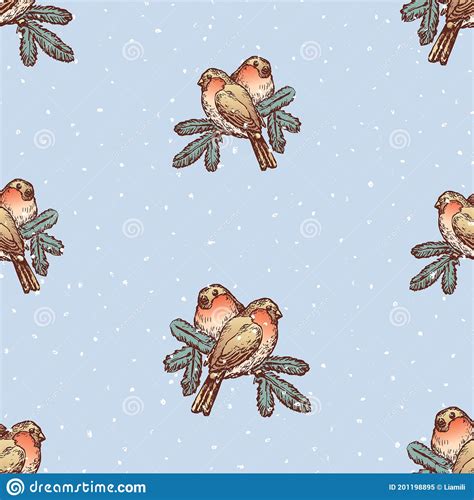 Seamless Background Of Sketches Bullfinches On Branches On Snowy Frosty