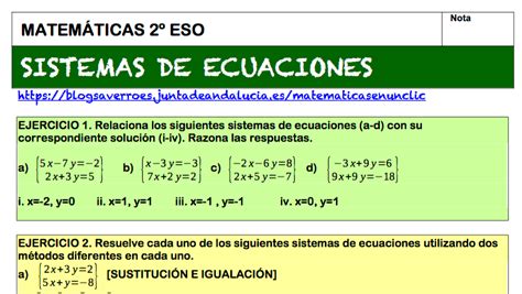 Portada Examen Sistemas De Ecuacionesmat2eso Matemáticas En Un Clic