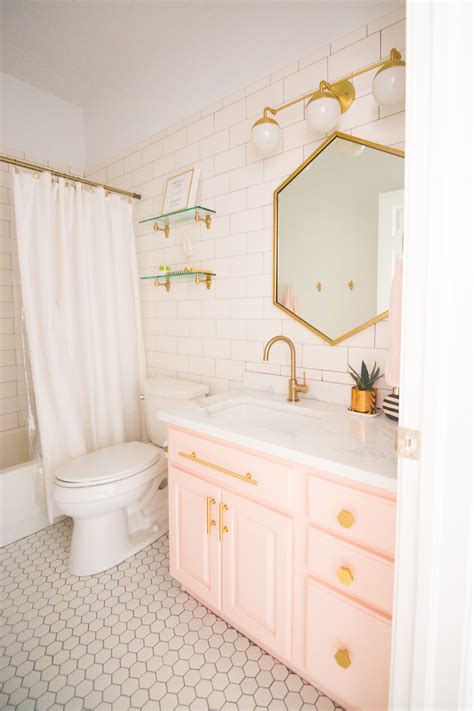 Modern Glam Blush Girls Bathroom Design Gold Hexagon Mirror Blush