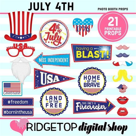 July 4th Party Photo Booth Props Printable Party Printable Etsy