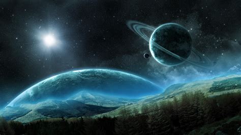 壁纸行星，土星，卫星，戒指，空间，夜间高清：宽屏：高清晰度：全屏幕