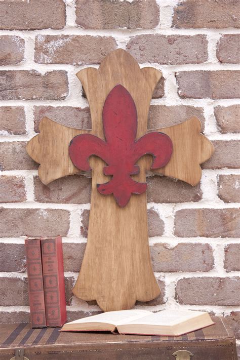 Stained 23" scalloped cross with Distressed Brick Red Fleur de Lis