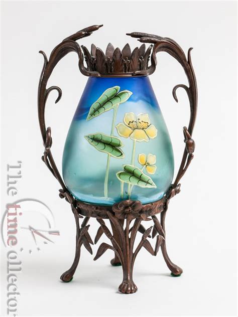 Magnificent Hand Enamelled Art Nouveau Art Glass Vase In Bronze Armature 1912 Art Nouveau