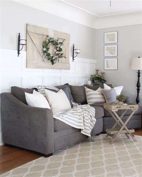 Charcoal sofa board and batten and a modern farmhouse vibe | Grey sofa