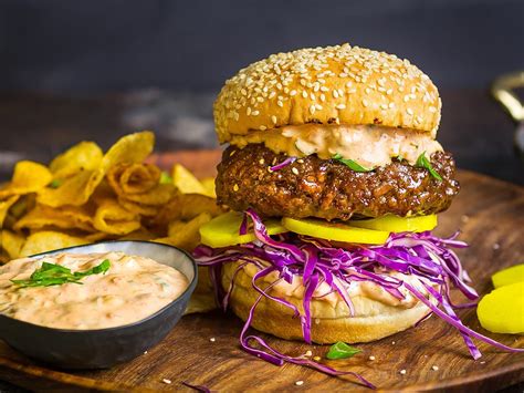 Grilled Korean Style Bulgogi Burgers With Kimchi Mayo And Pickled