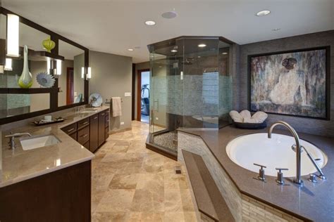 Spacious Master Bathroom With Step Up Tub And Glass Shower