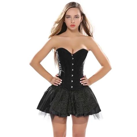 women sequin shinning satin lace up boned overbust corset mini skirt sexy showgirl club wear