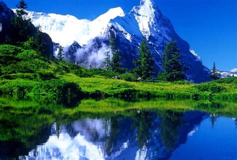 Alps Grass Lake Serenity Crystal Clear Slope Mountain Rocks Quiet