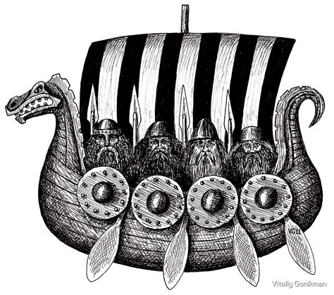 Vikings In The Drekar Black And White Pen Ink Drawing By Vitaliy