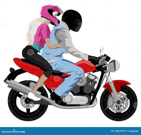 Motorcycle With Rider And Beautiful Girl Passenger Wearing Helmet Side