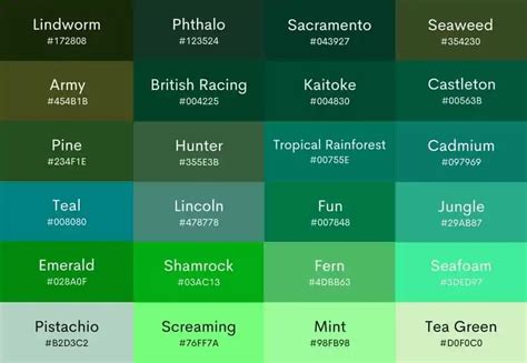 Shades Of Green Color Names Hex Rgb Cmyk Codes Off