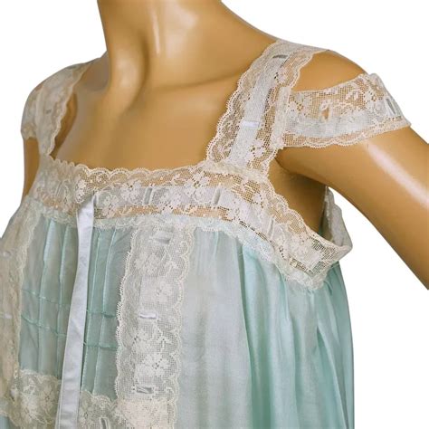 Vintage 1920s Silk Nightie Pongee Nightgown Bluish Green W Lace Trim