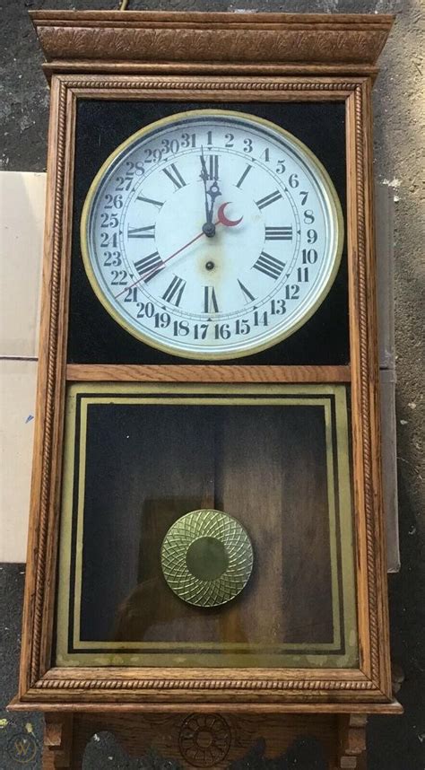 Antique Sessions Calendar Regulator Wall Clock Oak Case Orig Glass