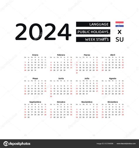 Calendário Paraguai 2024 Semana Começa Partir Domingo Design Gráfico