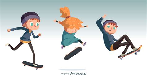 Set De Diseño De Dibujos Animados Para Niños De Skateboarding