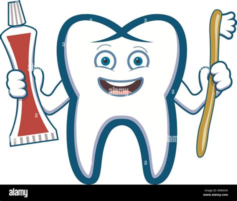 vector happy smiling tooth holding toothbrush and toothpaste tube cartoon drawing isolated on
