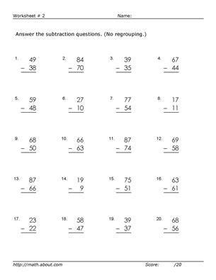 There are a range of 3 digit column subtraction sheets, enabling you to choose the right sheet to meet your needs. Worksheets for Two-Digit Subtraction Without Regrouping