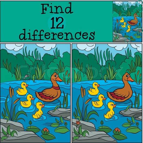 Children Games Find Differences Duck And Ducklings On The Lake