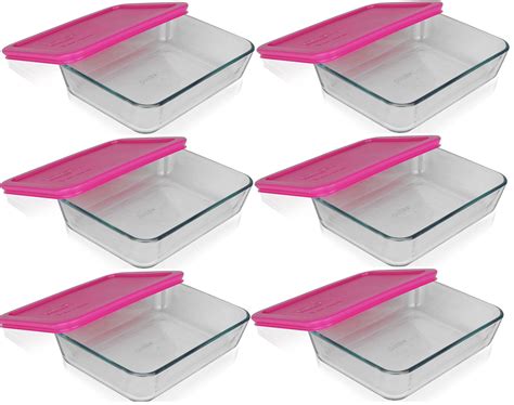 Pyrex 3 Cup Rectangle Glass Food Storage Containers With Pink Plastic