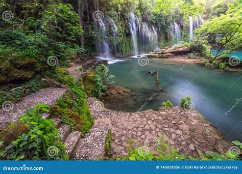 Stunning Waterfalls Over Turquoise Water In Deep Green Forest In
