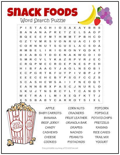 Snack Foods Word Search Puzzle Word Puzzles For Kids Free Printable