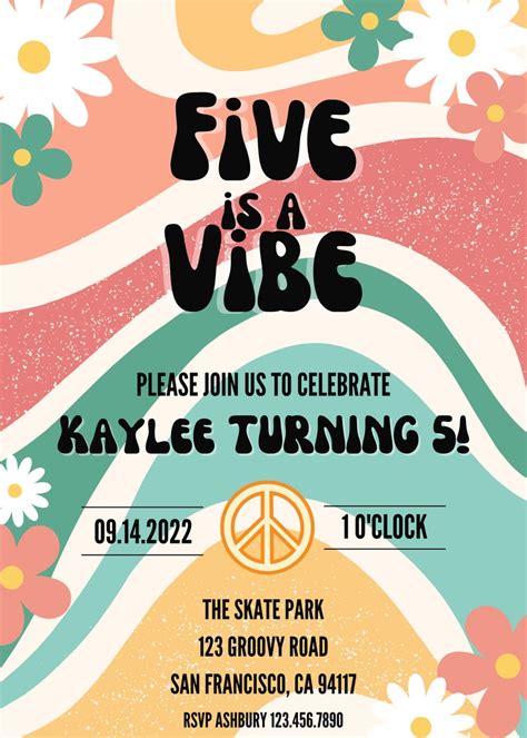Th Birthday Five Is A Vibe Groovy Birthday Party Invitation Etsy