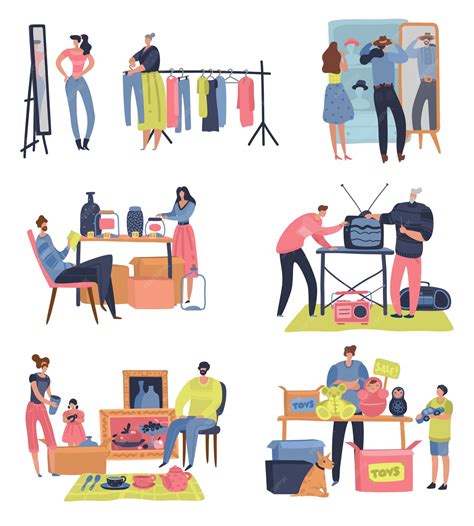 Premium Vector | Flea market. people shopping selling second hand retro
