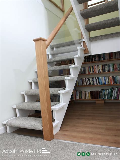 These photos show the carpeted stairs before starting this staircase overhaul. Open tread cut-string staircase renovation | Flipper ...