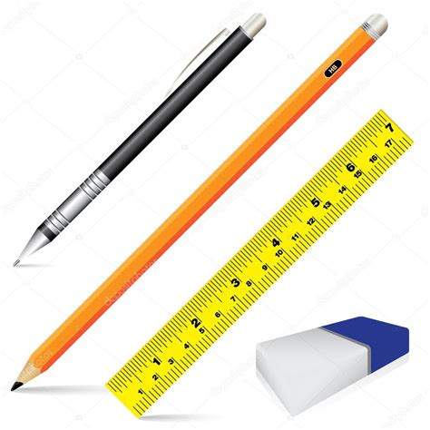Pencil Eraser Ruler And Pen Isolated On White Background Vector Object